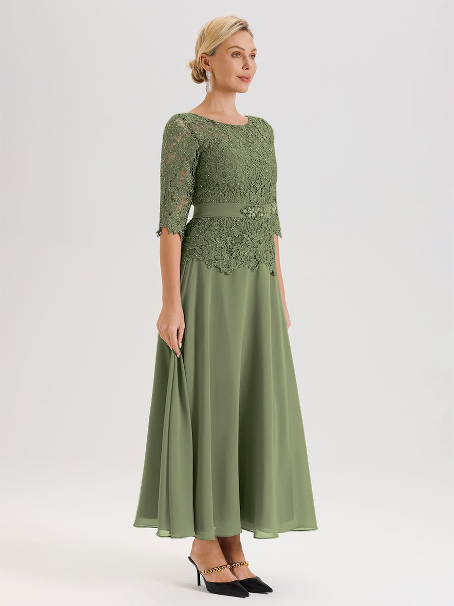 Cicinia Robe Mère De La Mariée Olive Longueur À La Cheville Col Rond Demi Manche En Mousseline Dentelle Trapèze