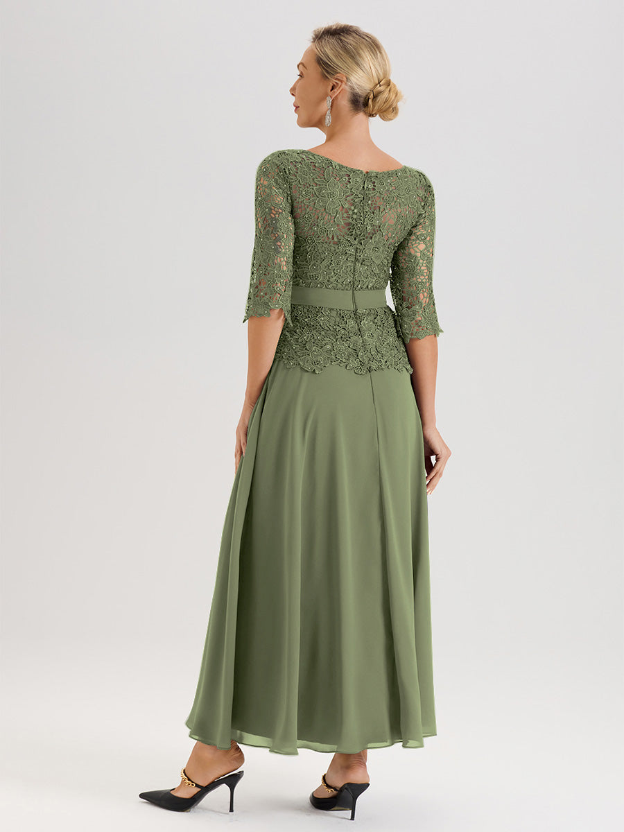 Cicinia Robe Mère De La Mariée Olive Longueur À La Cheville Col Rond Demi Manche En Mousseline Dentelle Trapèze