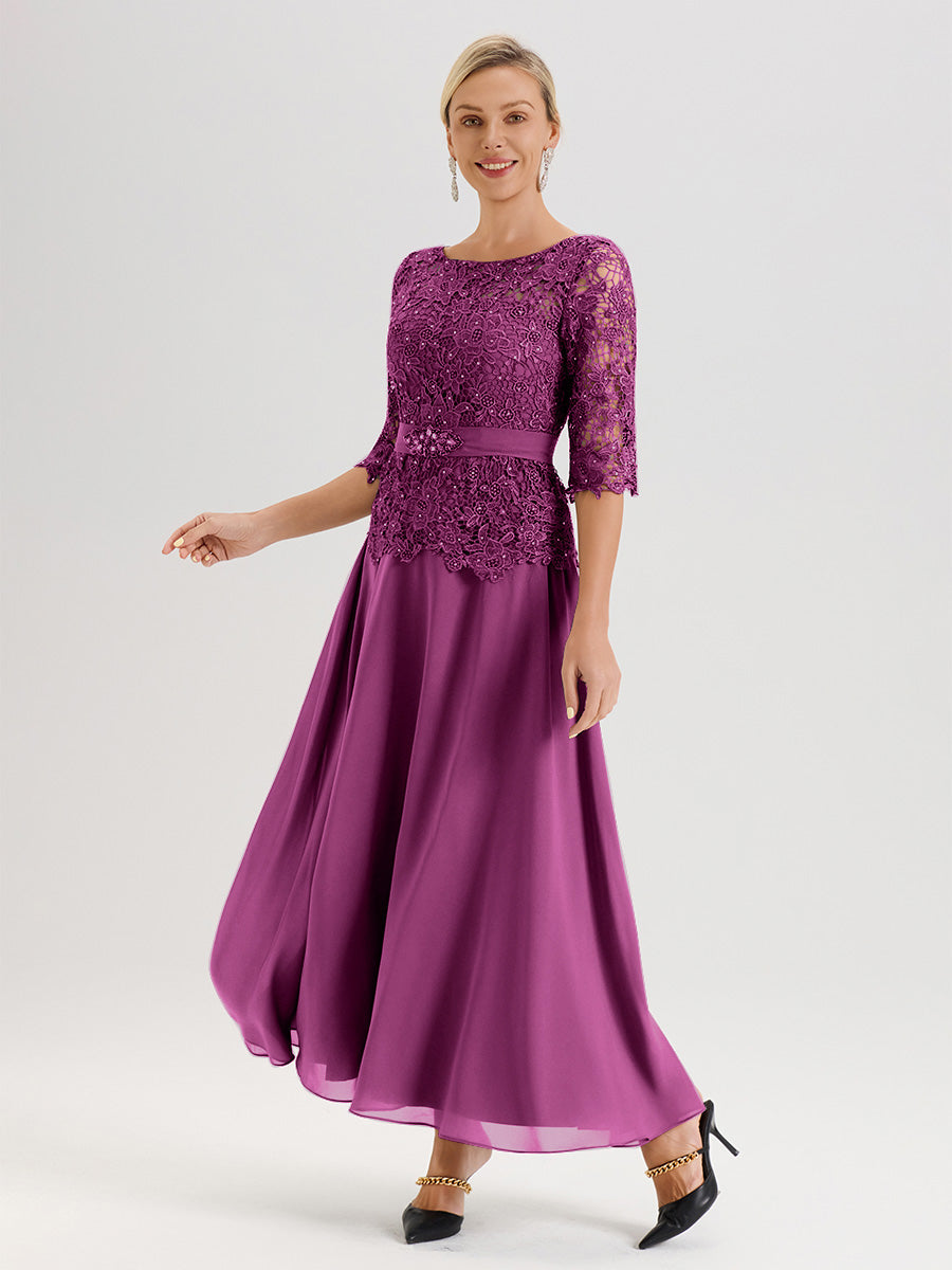 Cicinia Robe Mère De La Mariée Orchidée Longueur À La Cheville Col Rond Demi Manche En Mousseline Dentelle Trapèze
