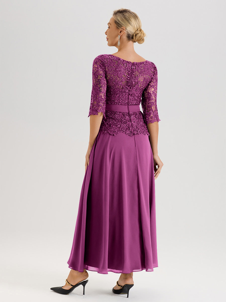 Cicinia Robe Mère De La Mariée Orchidée Longueur À La Cheville Col Rond Demi Manche En Mousseline Dentelle Trapèze