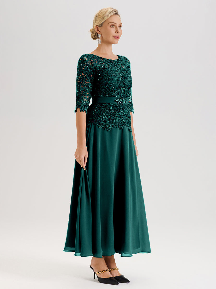 Cicinia Robe Mère De La Mariée Paon Longueur À La Cheville Col Rond Demi Manche En Mousseline Dentelle Trapèze