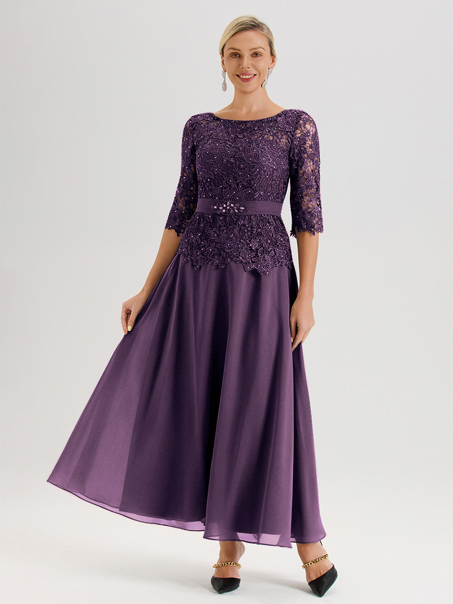 Cicinia Robe Mère De La Mariée En Plum Longueur À La Cheville Col Rond Demi Manche En Mousseline Dentelle Trapèze