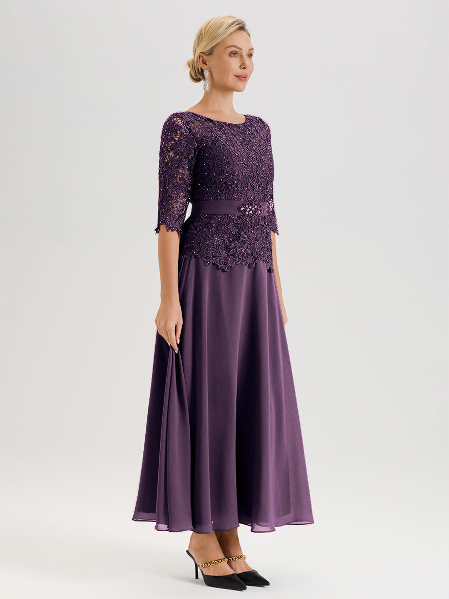 Cicinia Robe Mère De La Mariée En Plum Longueur À La Cheville Col Rond Demi Manche En Mousseline Dentelle Trapèze