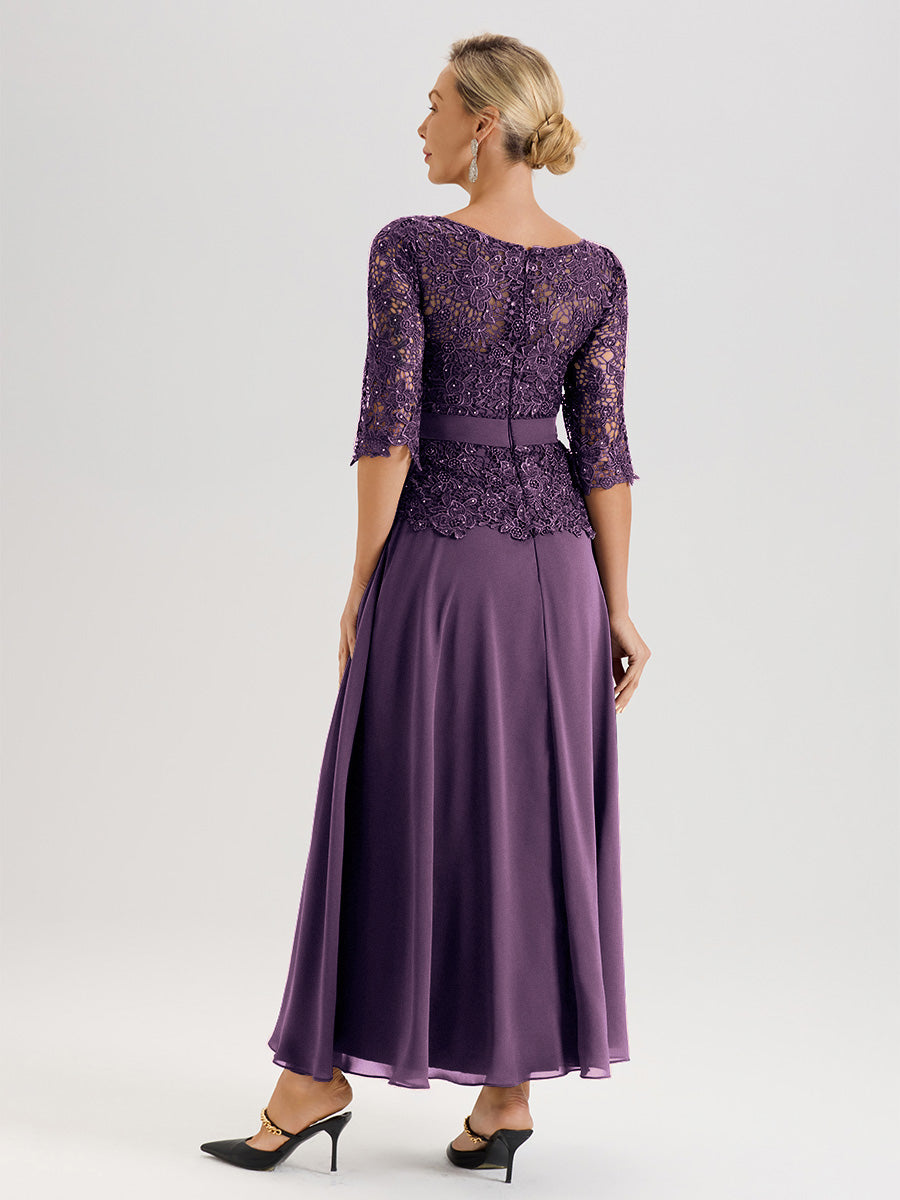 Cicinia Robe Mère De La Mariée En Plum Longueur À La Cheville Col Rond Demi Manche En Mousseline Dentelle Trapèze