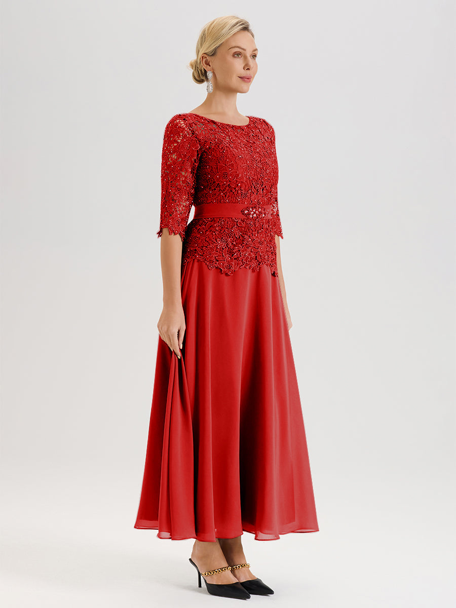 Cicinia Robe Mère De La Mariée Rouge Longueur À La Cheville Col Rond Demi Manche En Mousseline Dentelle Trapèze