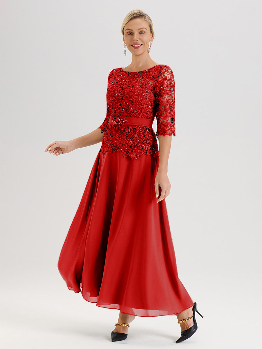 Cicinia Robe Mère De La Mariée Rouge Longueur À La Cheville Col Rond Demi Manche En Mousseline Dentelle Trapèze