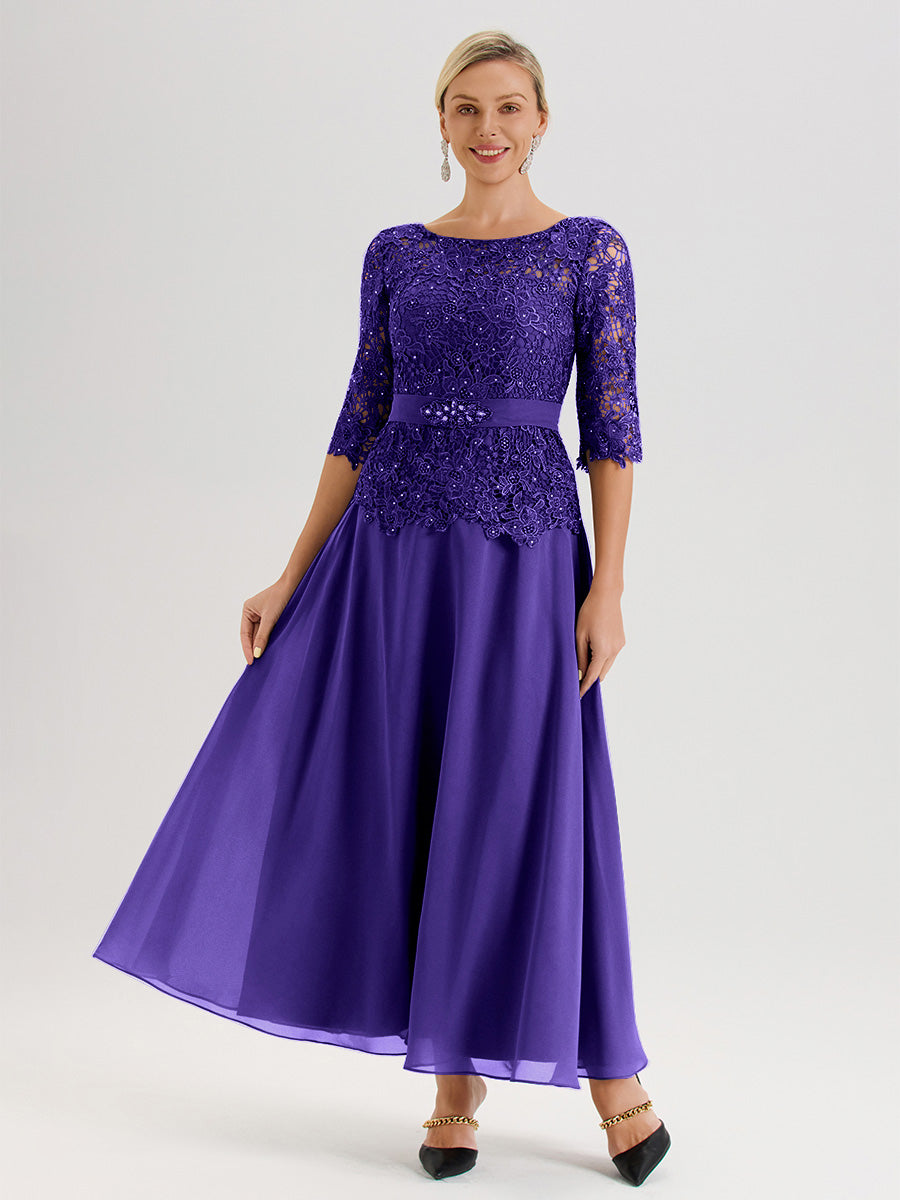 Cicinia Robe Mère De La Mariée En Régence Longueur À La Cheville Col Rond Demi Manche En Mousseline Dentelle Trapèze