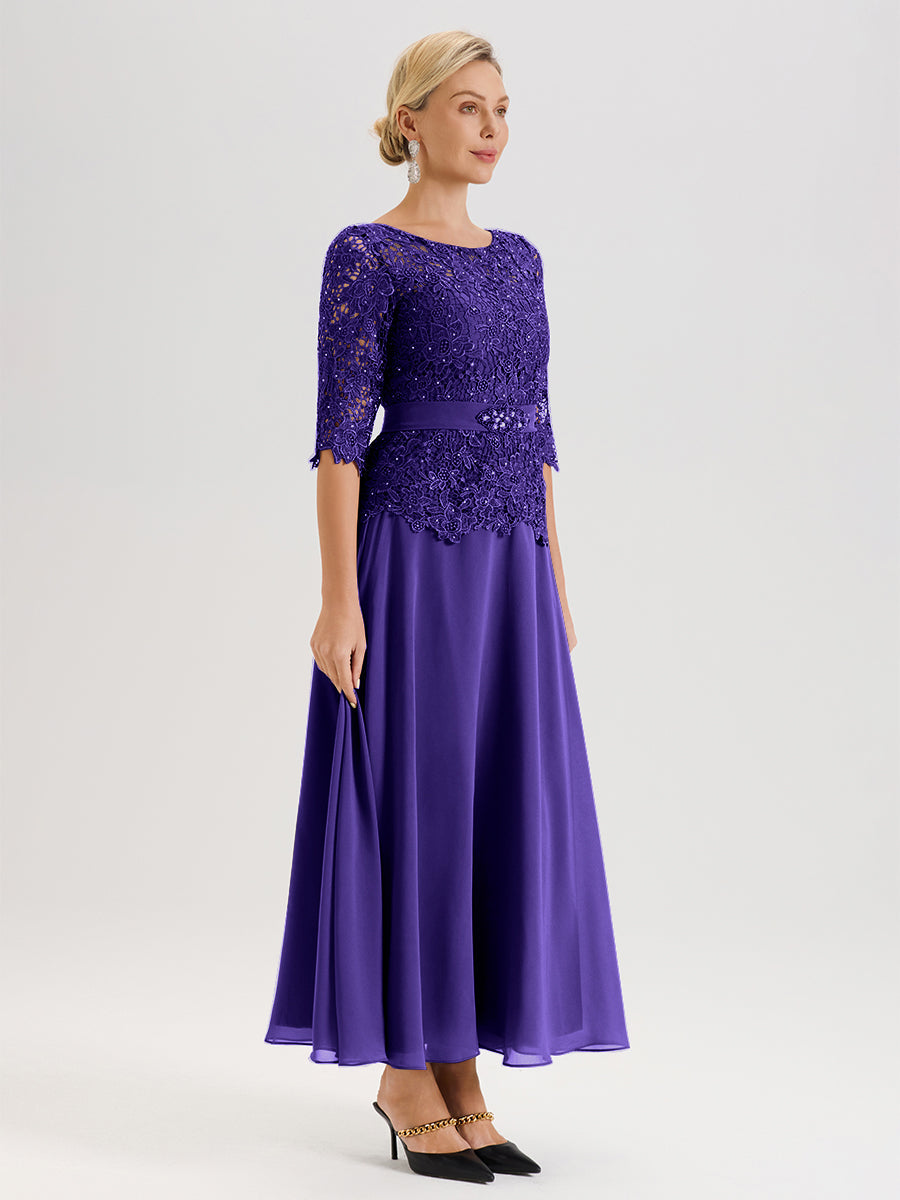 Cicinia Robe Mère De La Mariée En Régence Longueur À La Cheville Col Rond Demi Manche En Mousseline Dentelle Trapèze