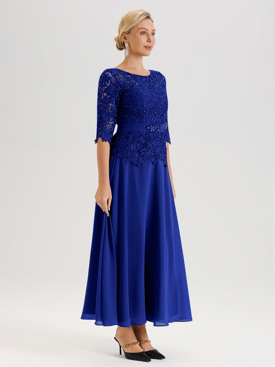 Cicinia Robe Mère De La Mariée Bleu Royal Longueur À La Cheville Col Rond Demi Manche En Mousseline Dentelle Trapèze