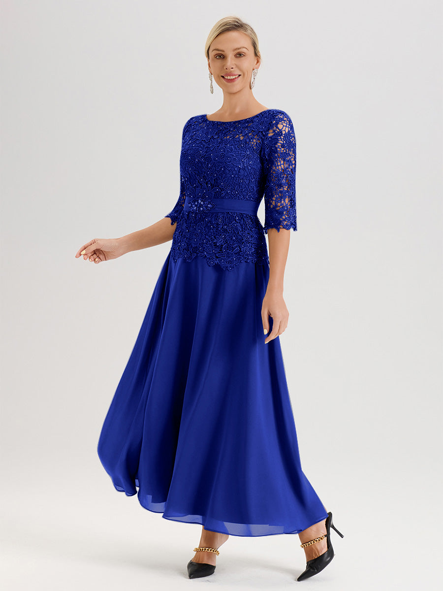 Cicinia Robe Mère De La Mariée Bleu Royal Longueur À La Cheville Col Rond Demi Manche En Mousseline Dentelle Trapèze