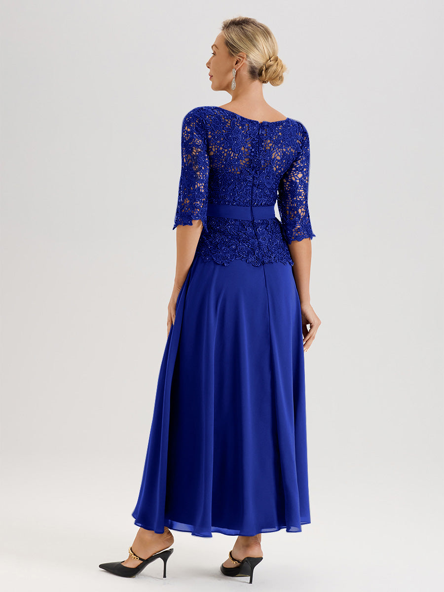 Cicinia Robe Mère De La Mariée Bleu Royal Longueur À La Cheville Col Rond Demi Manche En Mousseline Dentelle Trapèze