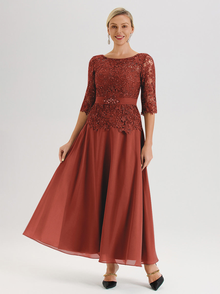Cicinia Robe Mère De La Mariée Couleur Rouille Longueur À La Cheville Col Rond Demi Manche En Mousseline Dentelle Trapèze