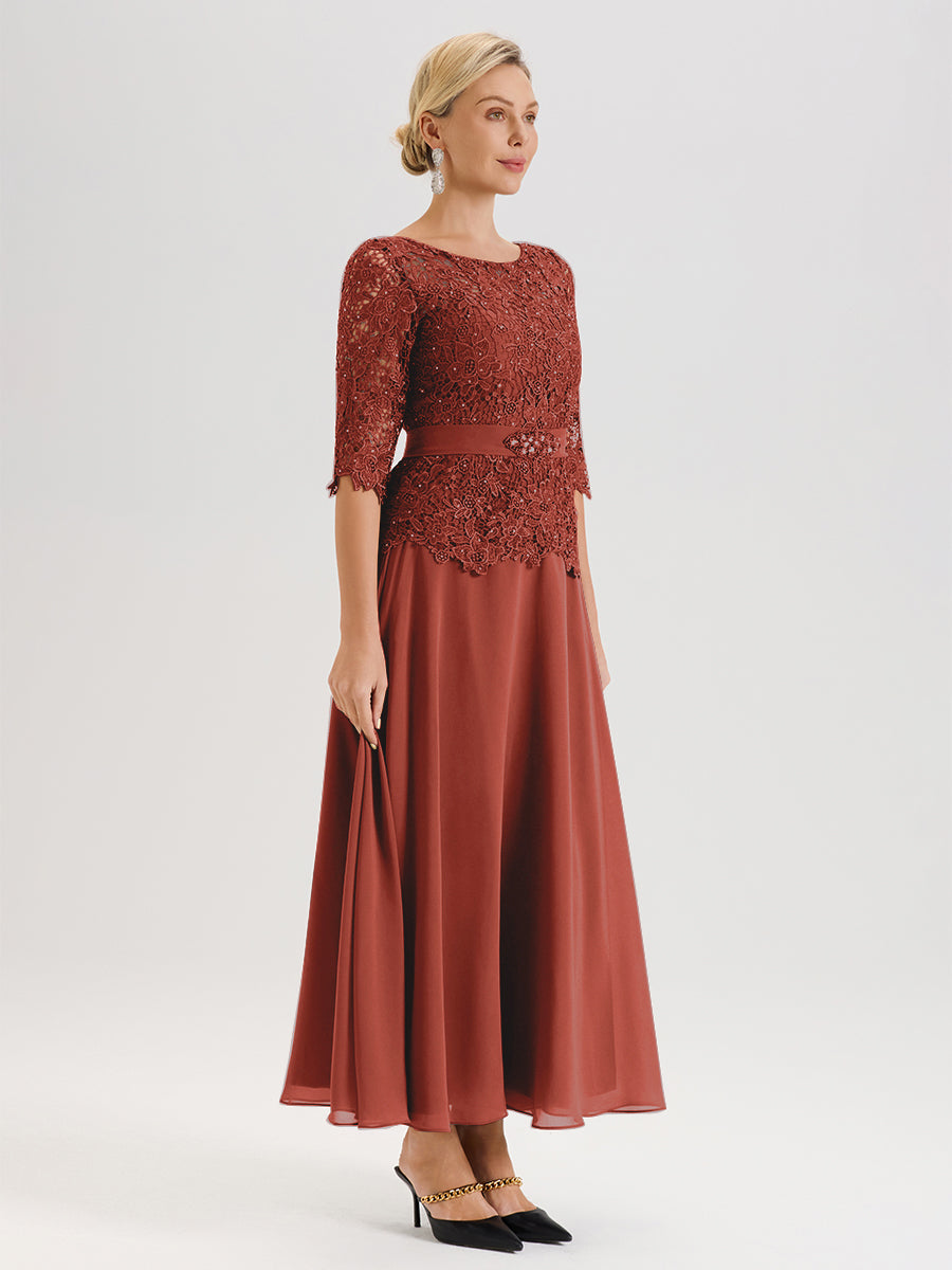 Cicinia Robe Mère De La Mariée Couleur Rouille Longueur À La Cheville Col Rond Demi Manche En Mousseline Dentelle Trapèze