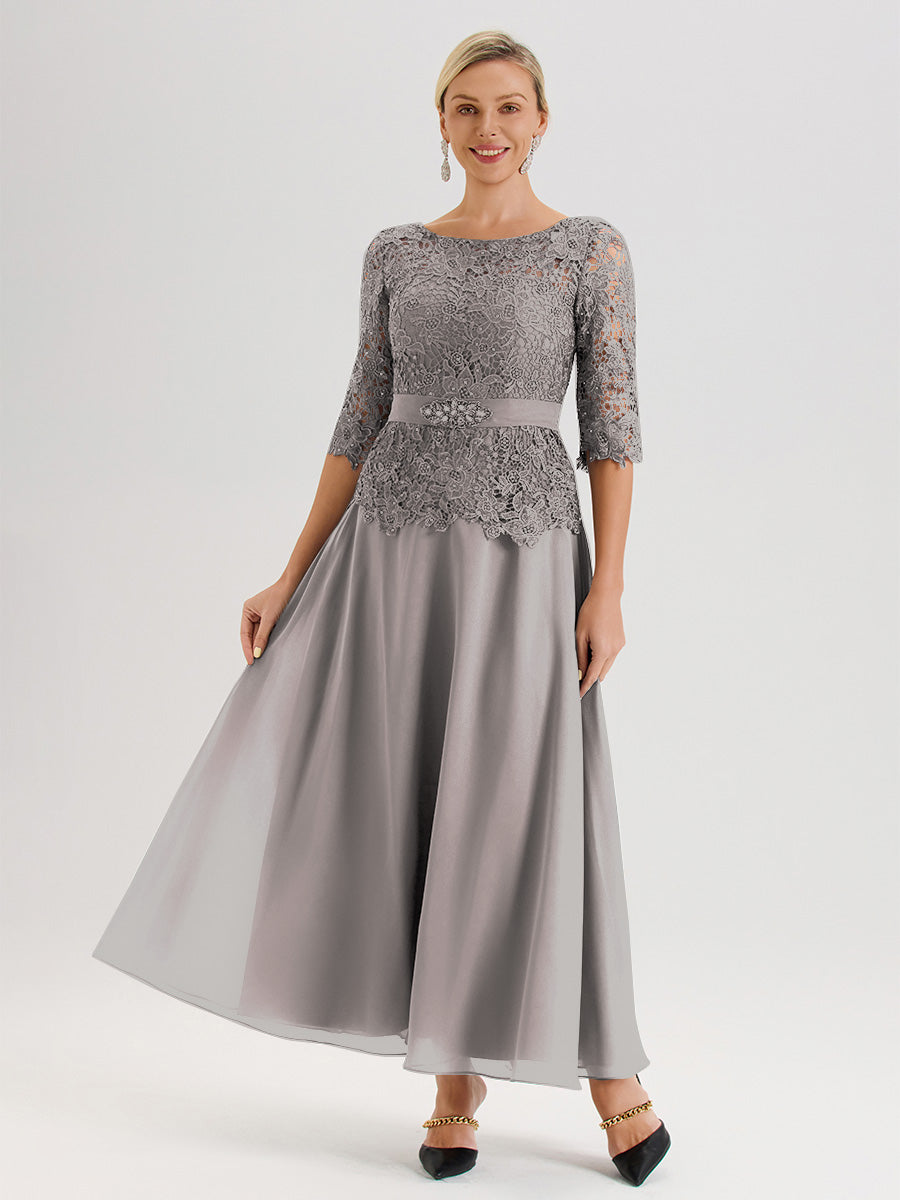 Cicinia Robe Mère De La Mariée Argenté Longueur À La Cheville Col Rond Demi Manche En Mousseline Dentelle Trapèze