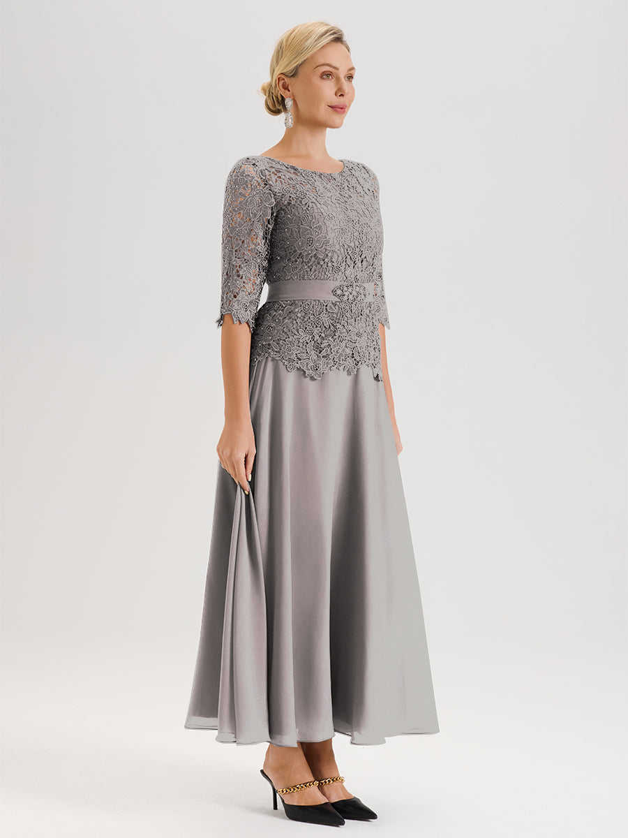 Cicinia Robe Mère De La Mariée Argenté Longueur À La Cheville Col Rond Demi Manche En Mousseline Dentelle Trapèze
