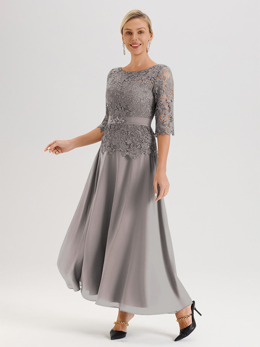 Cicinia Robe Mère De La Mariée Argenté Longueur À La Cheville Col Rond Demi Manche En Mousseline Dentelle Trapèze