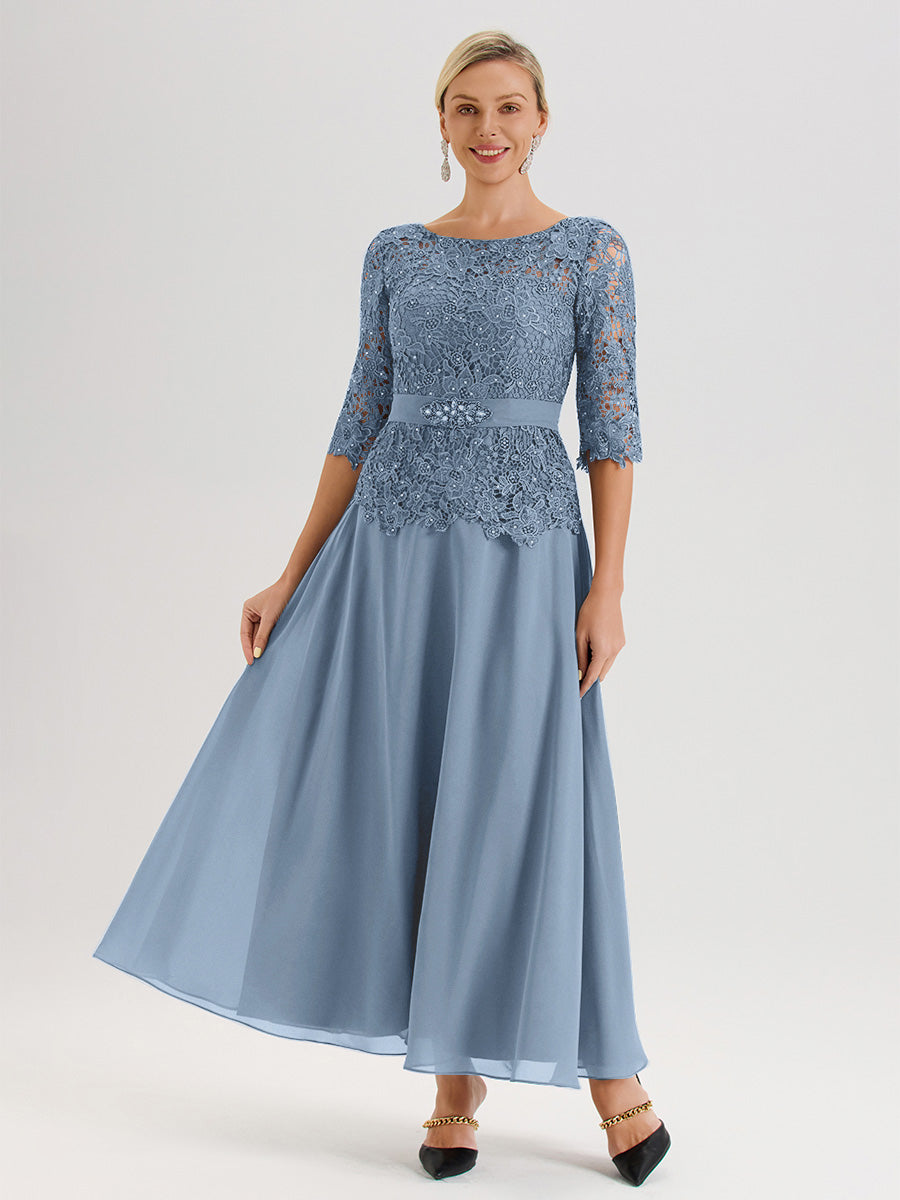 Cicinia Robe Mère De La Mariée Bleu De Schiste Longueur À La Cheville Col Rond Demi Manche En Mousseline Dentelle Trapèze