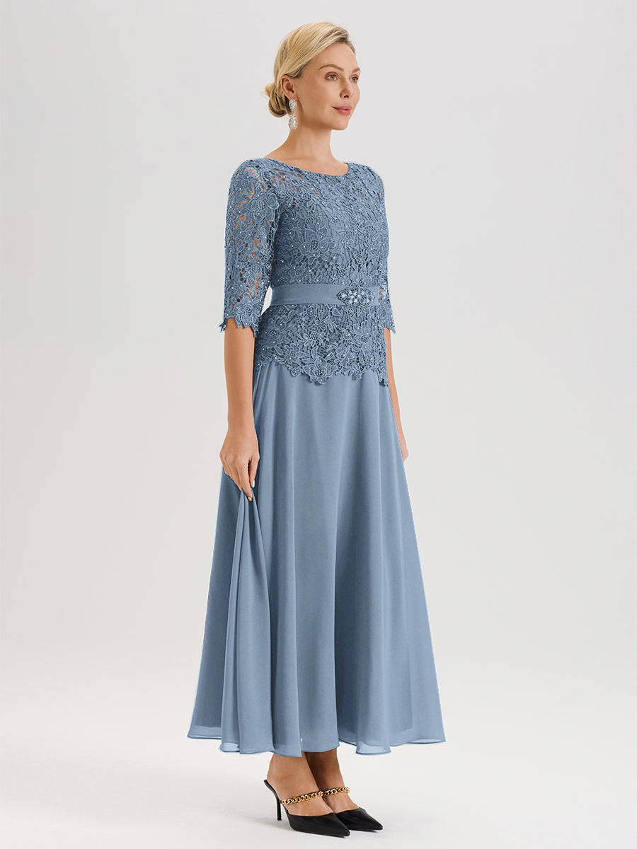Cicinia Robe Mère De La Mariée Bleu De Schiste Longueur À La Cheville Col Rond Demi Manche En Mousseline Dentelle Trapèze