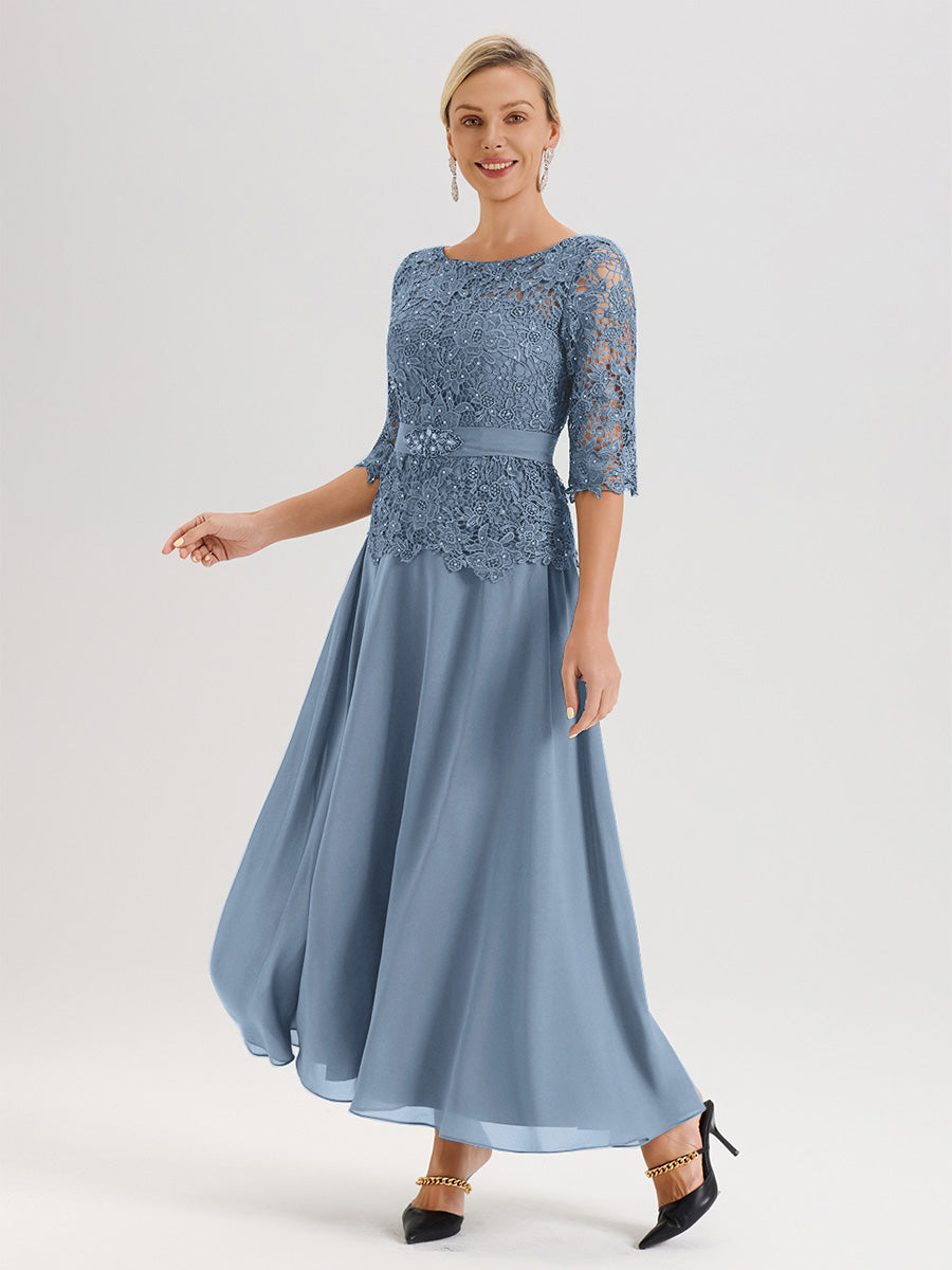 Cicinia Robe Mère De La Mariée Bleu De Schiste Longueur À La Cheville Col Rond Demi Manche En Mousseline Dentelle Trapèze