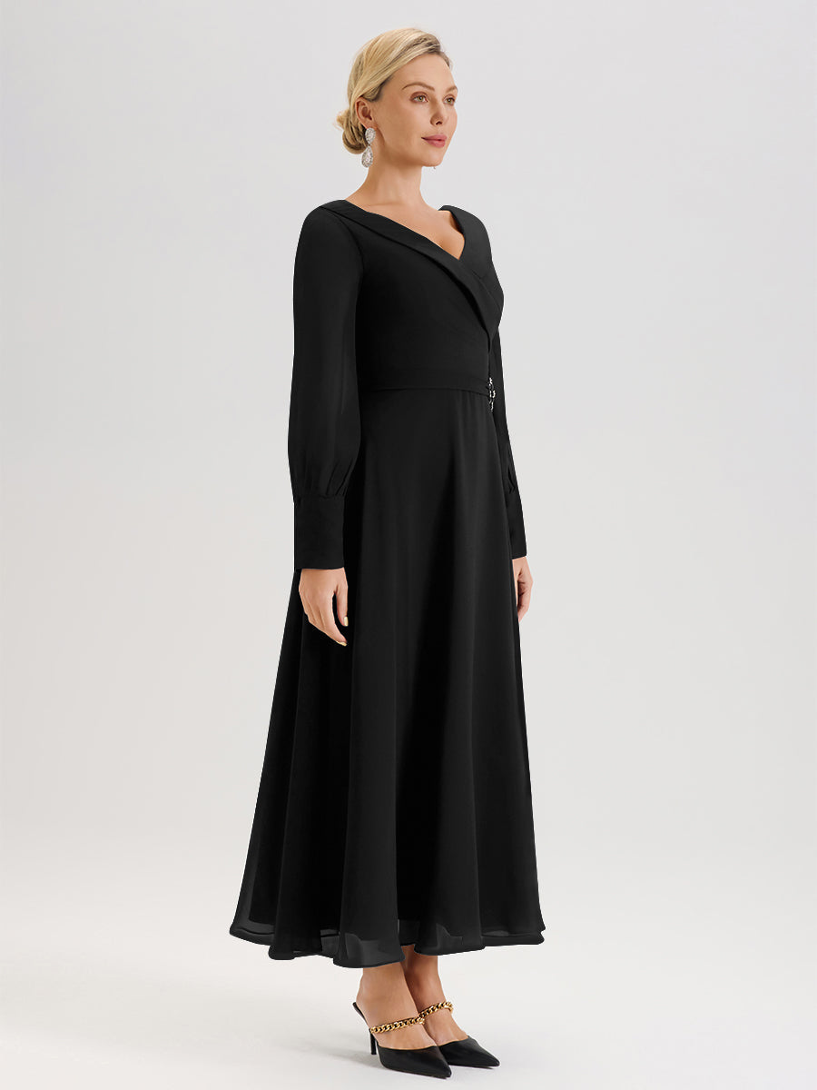 Cicinia Robe Longue Mère De La Mariée Noir Décolleté En V Manches Longues Trapèze En Mousseline