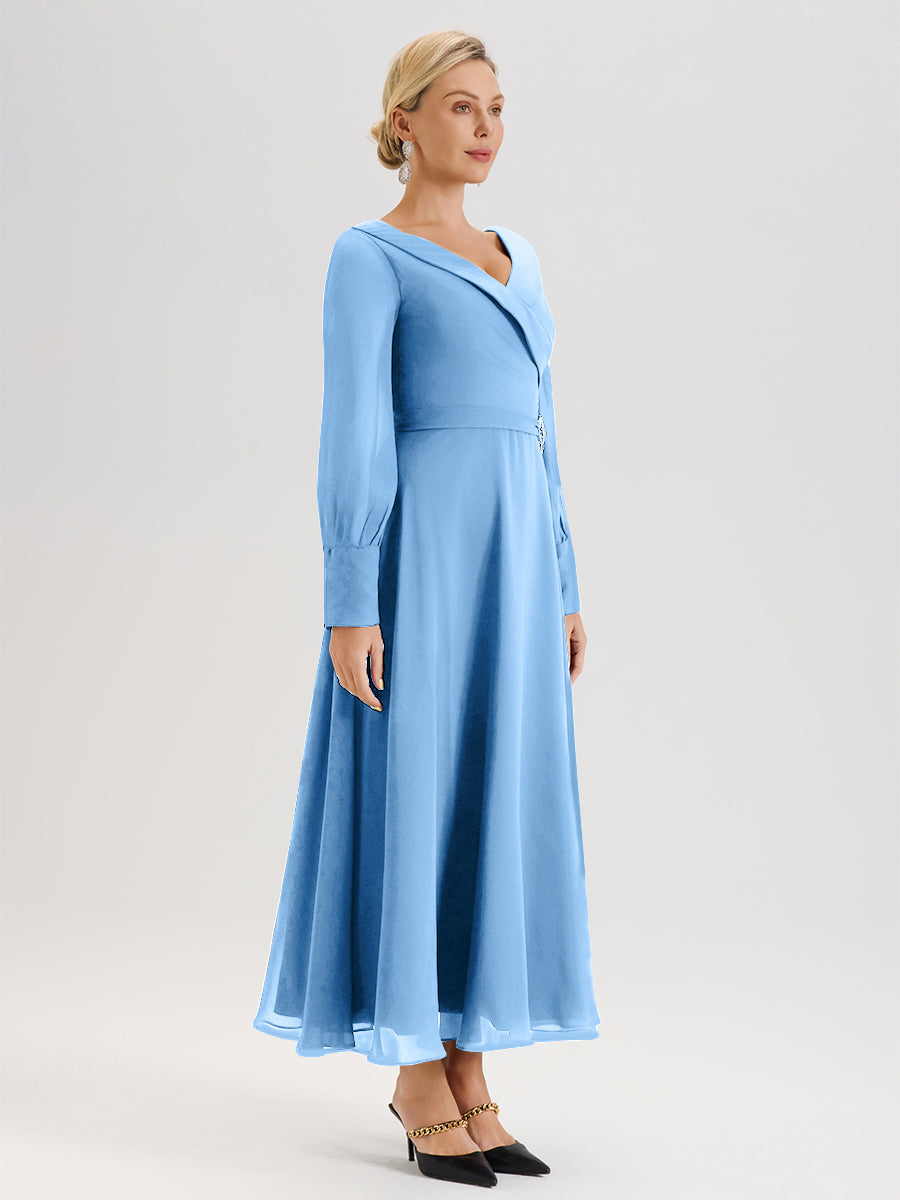 Cicinia Robe Longue Mère De La Mariée Bleu Décolleté En V Manches Longues Trapèze En Mousseline