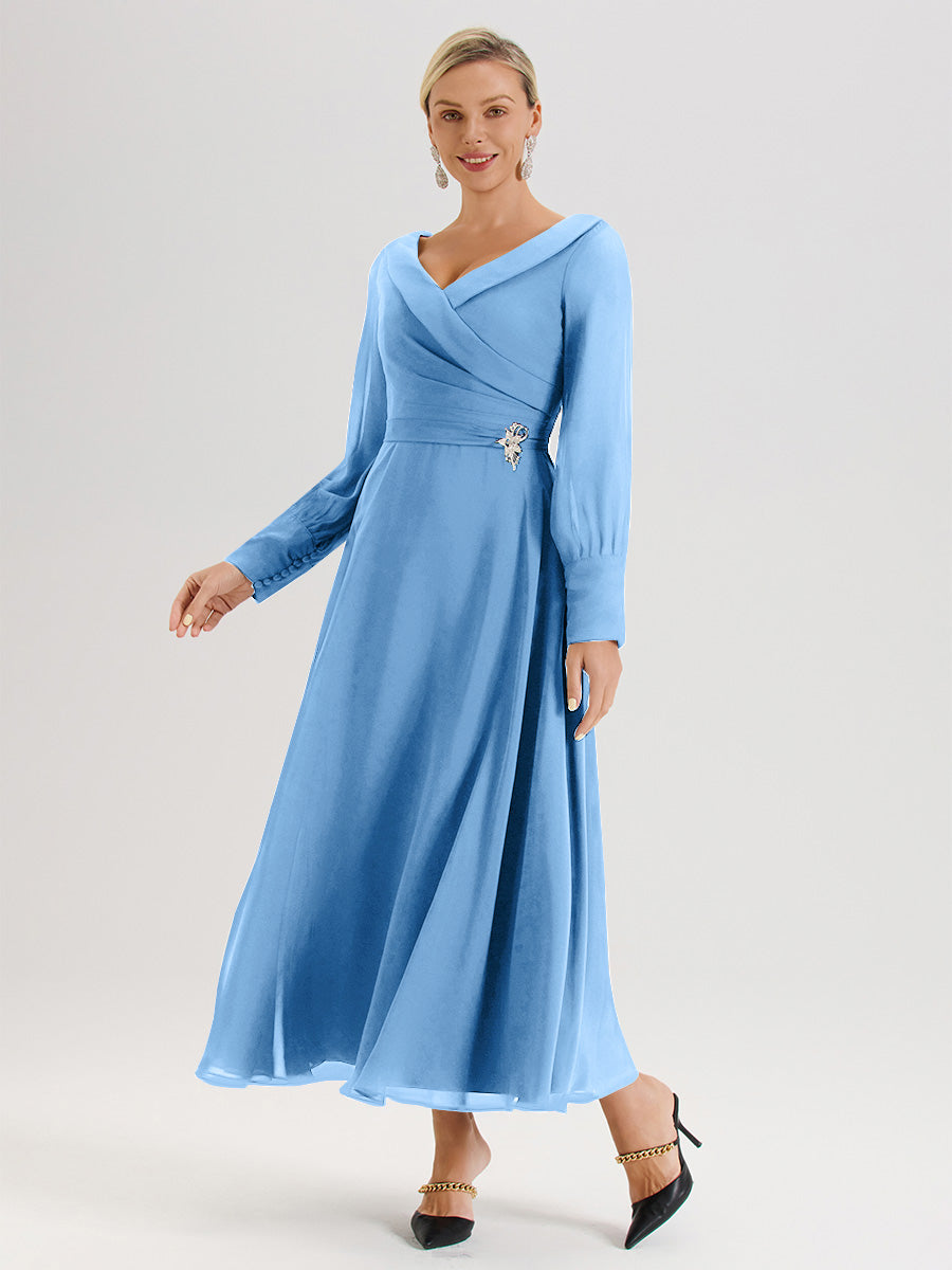 Cicinia Robe Longue Mère De La Mariée Bleu Décolleté En V Manches Longues Trapèze En Mousseline
