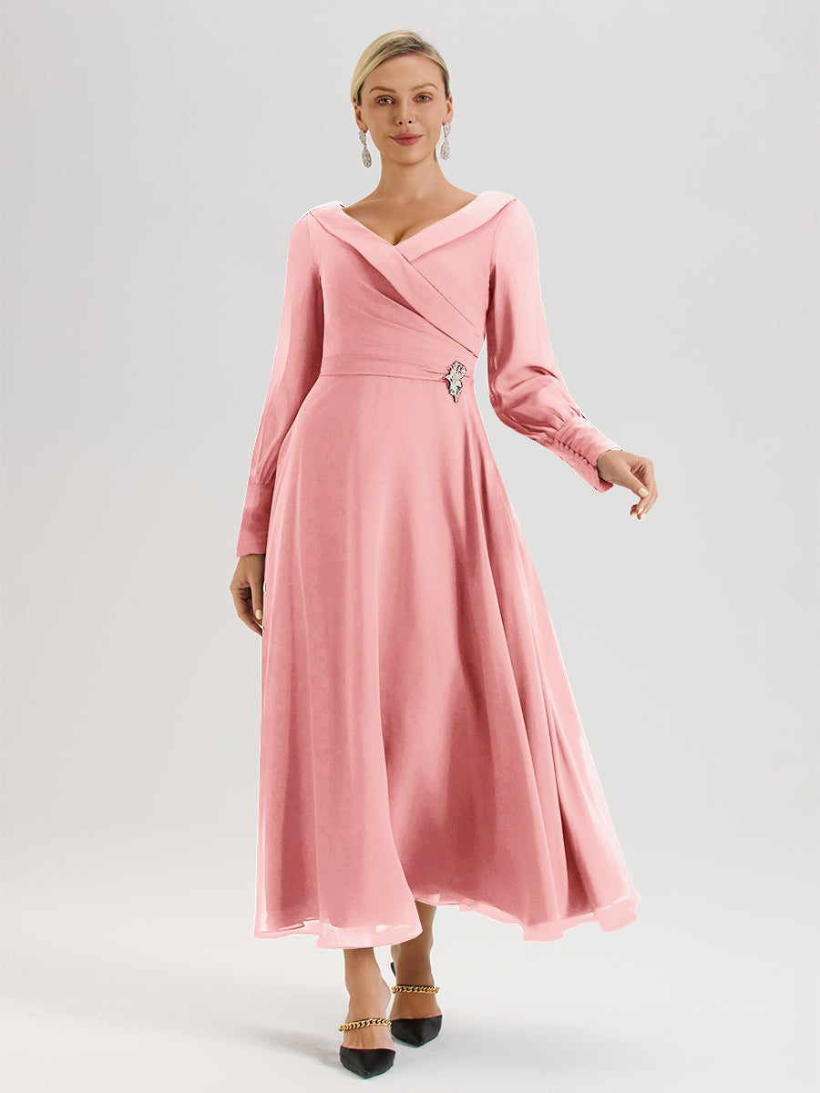 Cicinia Robe Longue Mère De La Mariée Rose Décolleté En V Manches Longues Trapèze En Mousseline