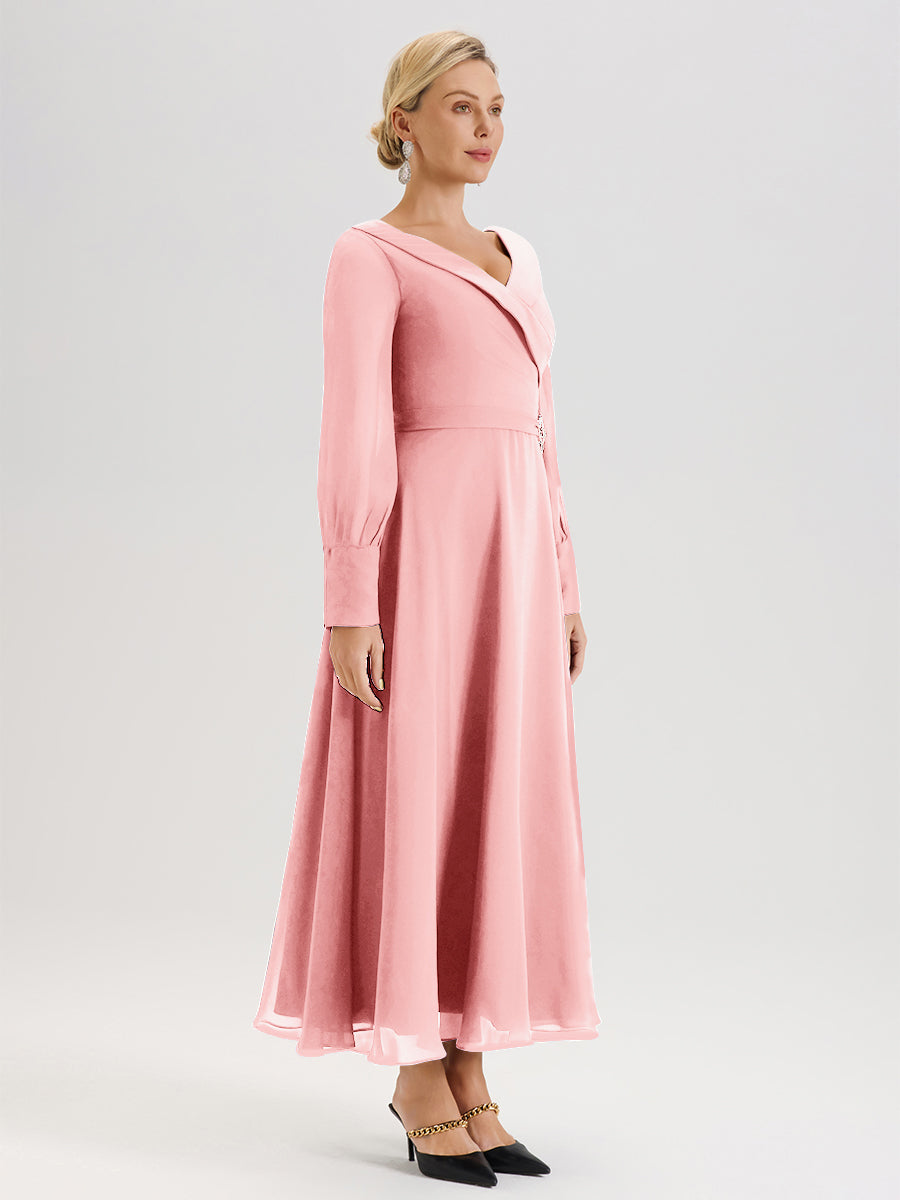 Cicinia Robe Longue Mère De La Mariée Rose Décolleté En V Manches Longues Trapèze En Mousseline