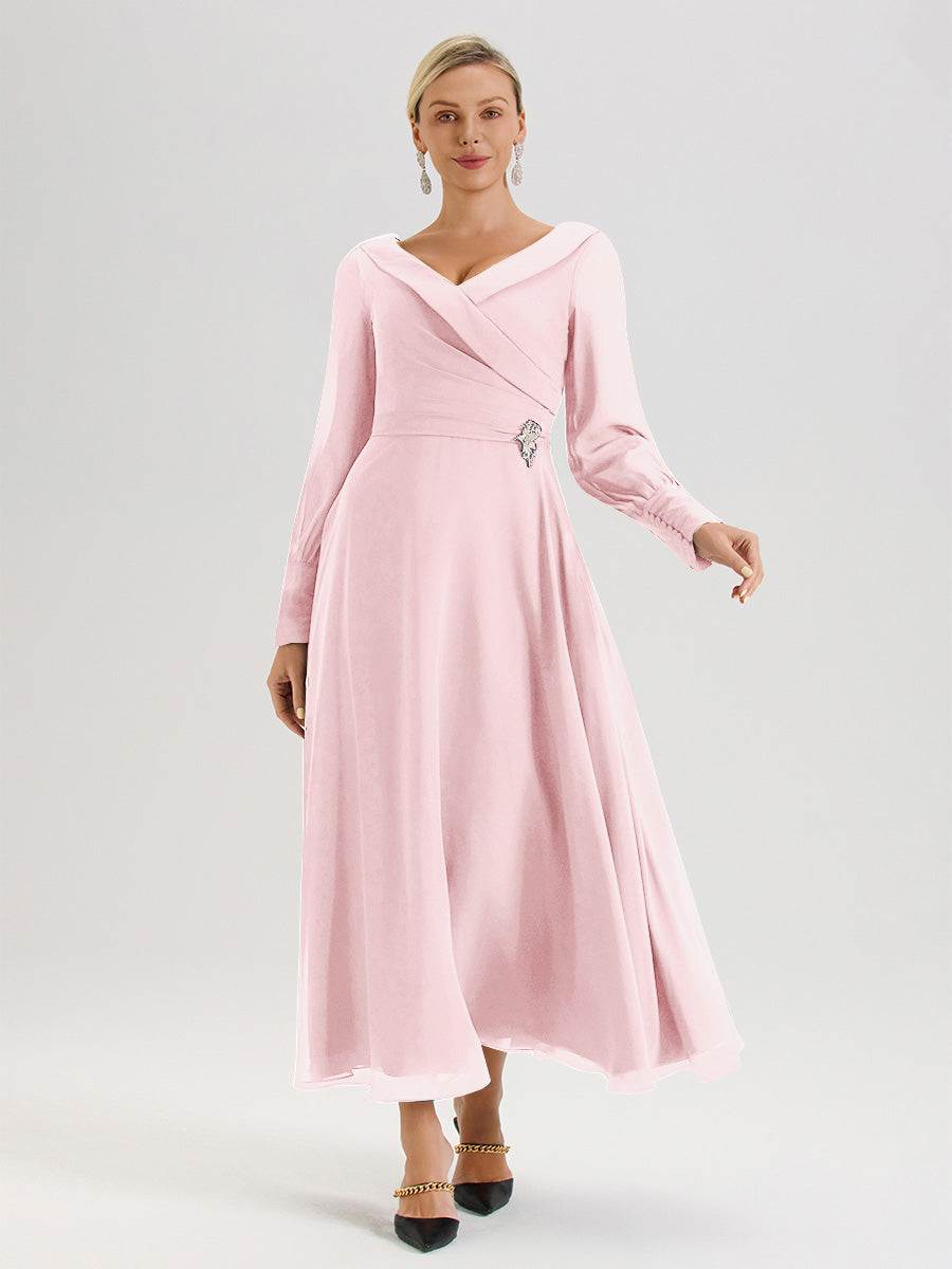 Cicinia Robe Longue Mère De La Mariée Rose Pale Décolleté En V Manches Longues Trapèze En Mousseline