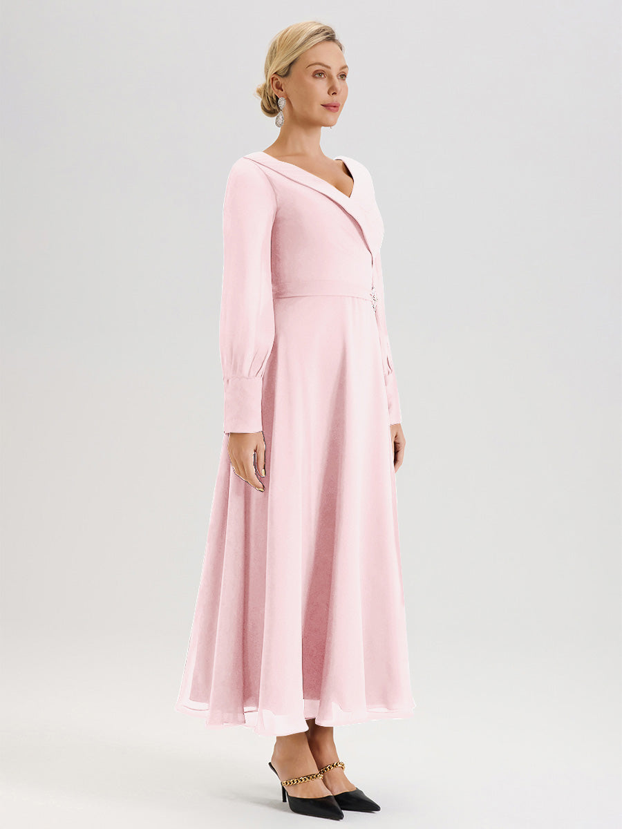 Cicinia Robe Longue Mère De La Mariée Rose Pale Décolleté En V Manches Longues Trapèze En Mousseline