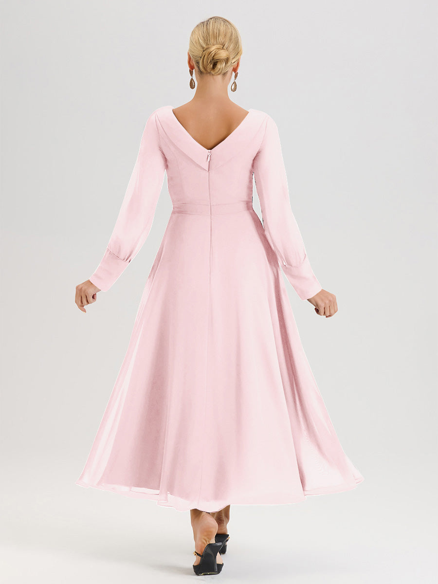 Cicinia Robe Longue Mère De La Mariée Rose Pale Décolleté En V Manches Longues Trapèze En Mousseline