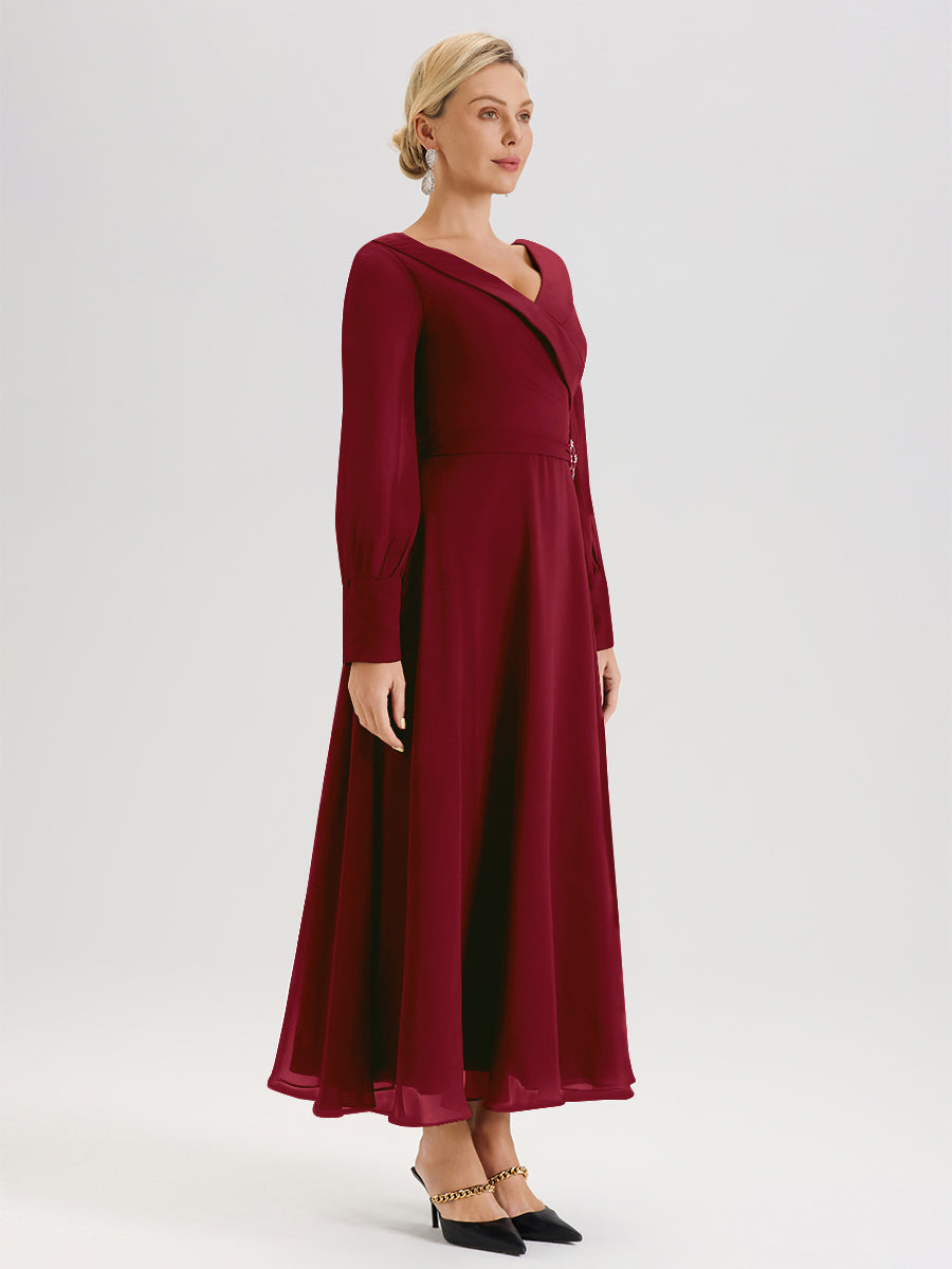 Cicinia Robe Longue Mère De La Mariée Bordeaux Décolleté En V Manches Longues Trapèze En Mousseline