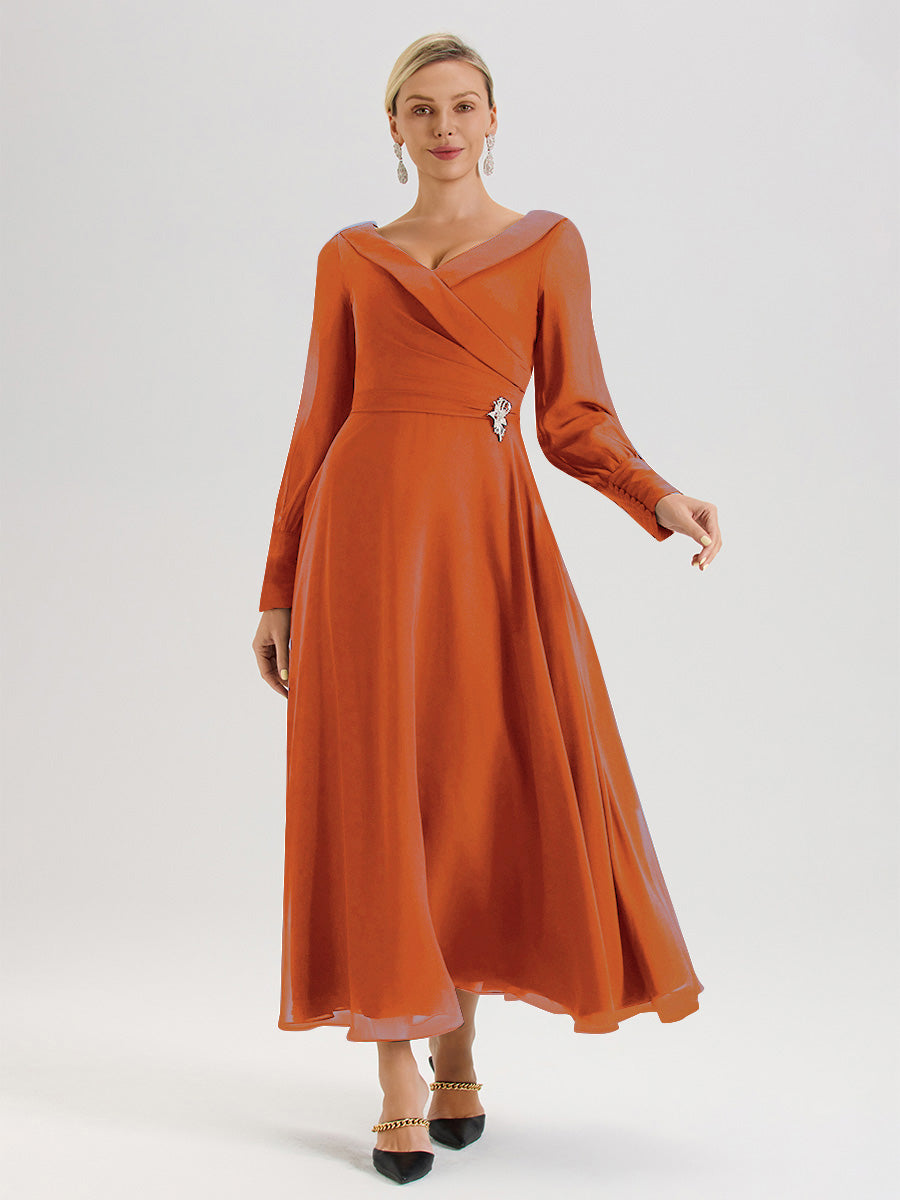 Cicinia Robe Longue Mère De La Mariée Orange Foncé Décolleté En V Manches Longues Trapèze En Mousseline