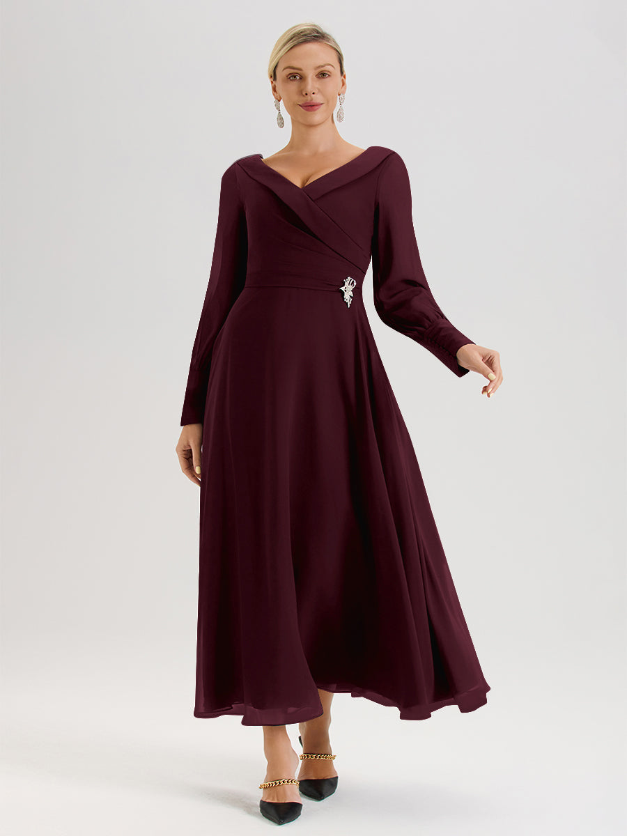 Cicinia Robe Longue Mère De La Mariée Cabernet Décolleté En V Manches Longues Trapèze En Mousseline