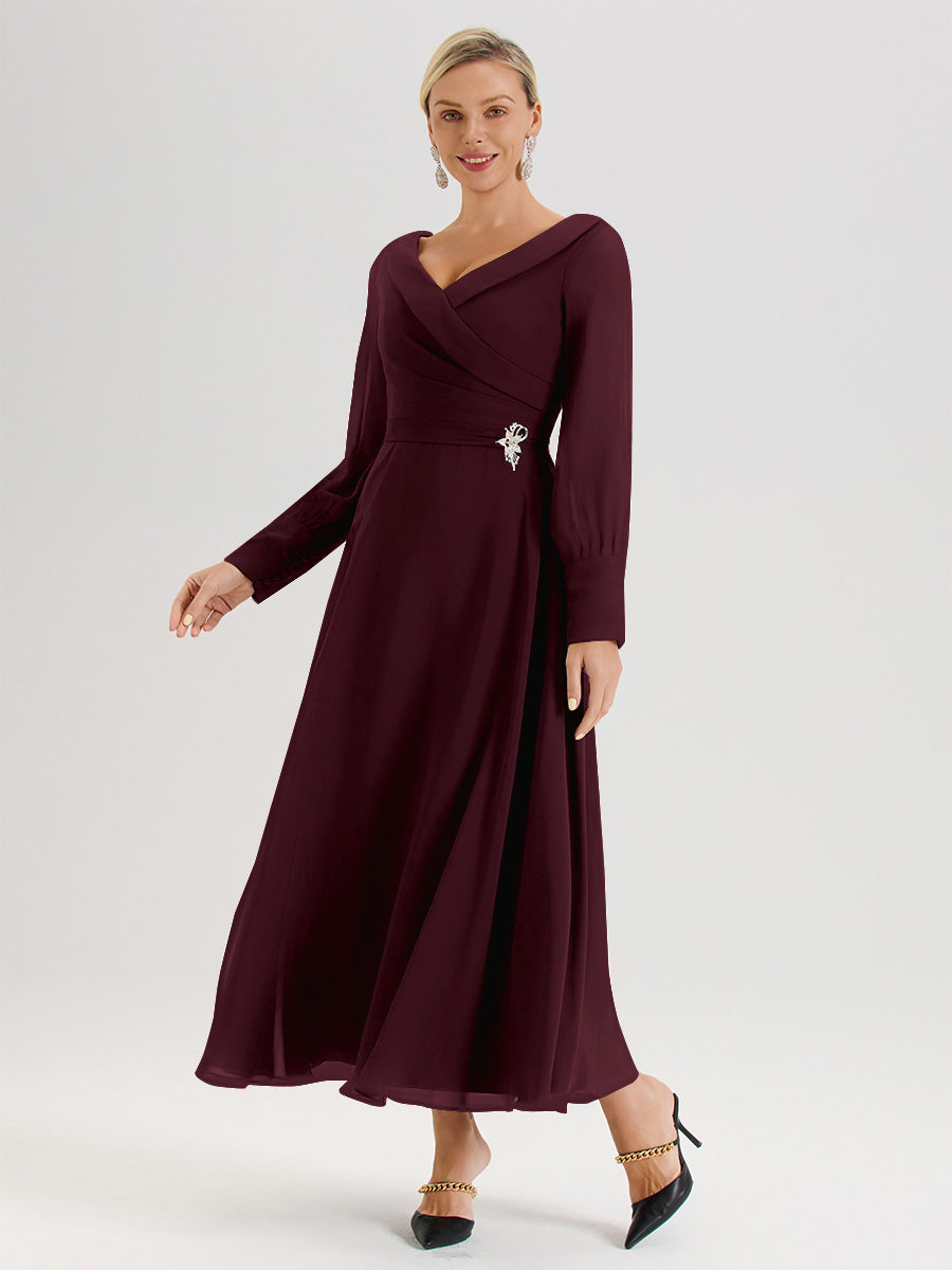 Cicinia Robe Longue Mère De La Mariée Cabernet Décolleté En V Manches Longues Trapèze En Mousseline