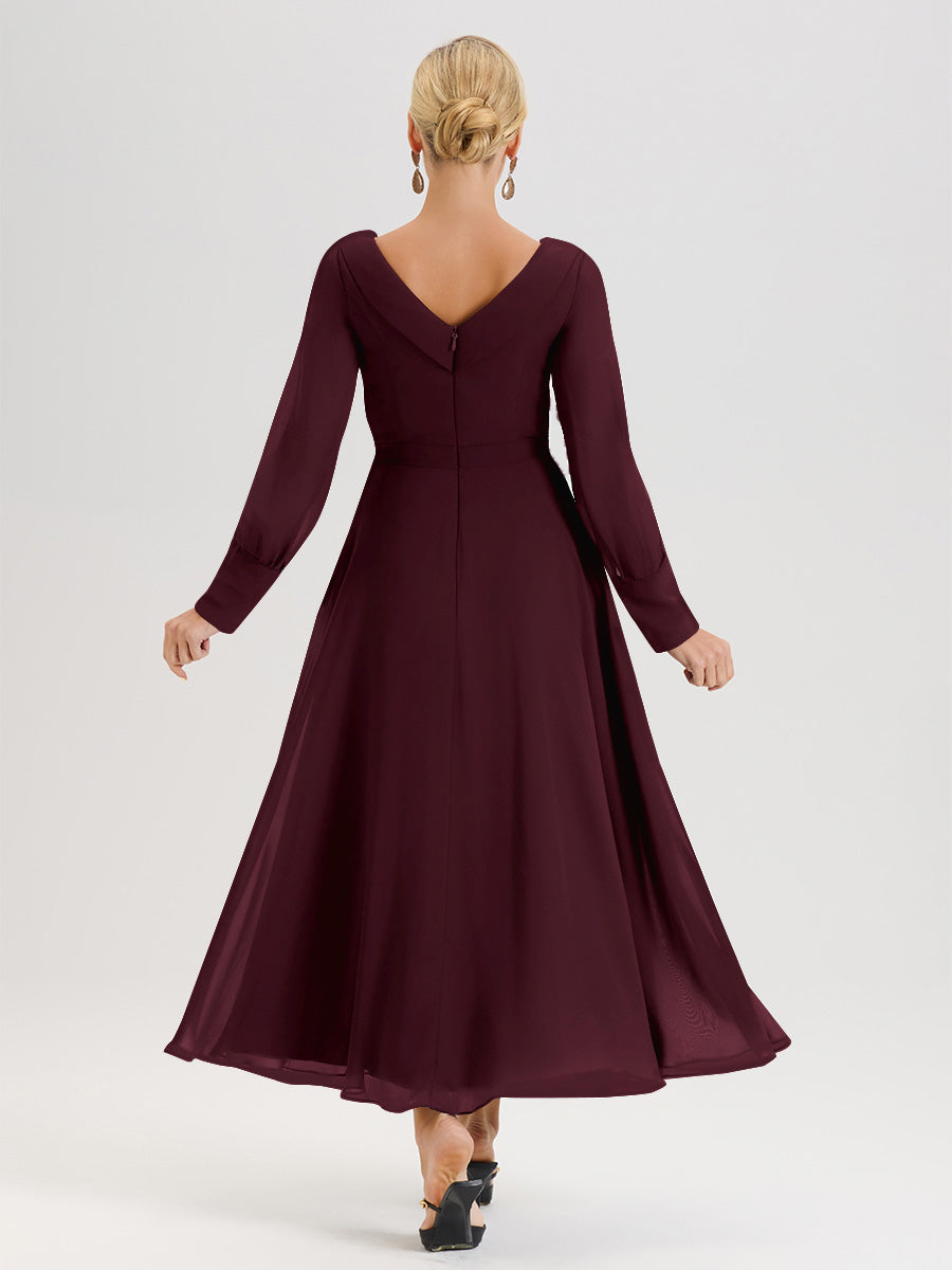 Cicinia Robe Longue Mère De La Mariée Cabernet Décolleté En V Manches Longues Trapèze En Mousseline