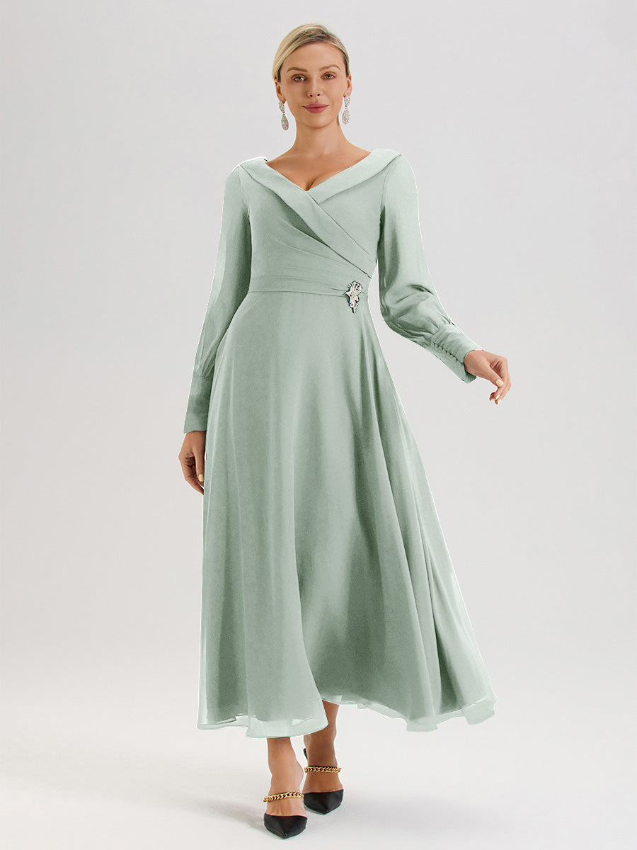 Cicinia Robe Longue Mère De La Mariée Celadon Décolleté En V Manches Longues Trapèze En Mousseline