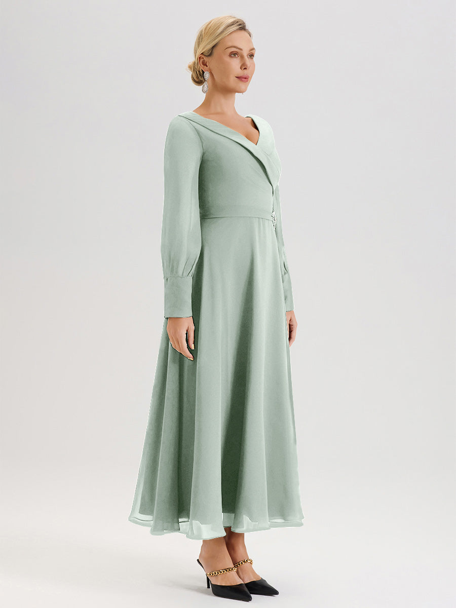 Cicinia Robe Longue Mère De La Mariée Celadon Décolleté En V Manches Longues Trapèze En Mousseline