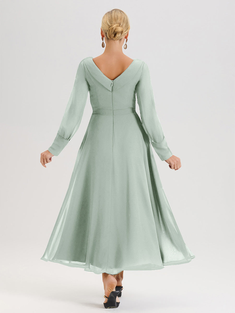 Cicinia Robe Longue Mère De La Mariée Celadon Décolleté En V Manches Longues Trapèze En Mousseline