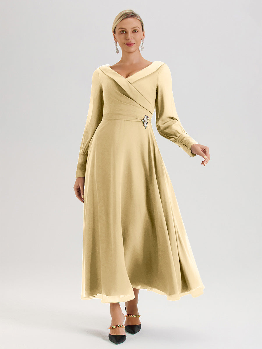 Cicinia Robe Longue Mère De La Mariée Champagne Décolleté En V Manches Longues Trapèze En Mousseline