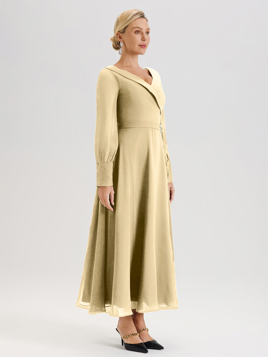 Cicinia Robe Longue Mère De La Mariée Champagne Décolleté En V Manches Longues Trapèze En Mousseline
