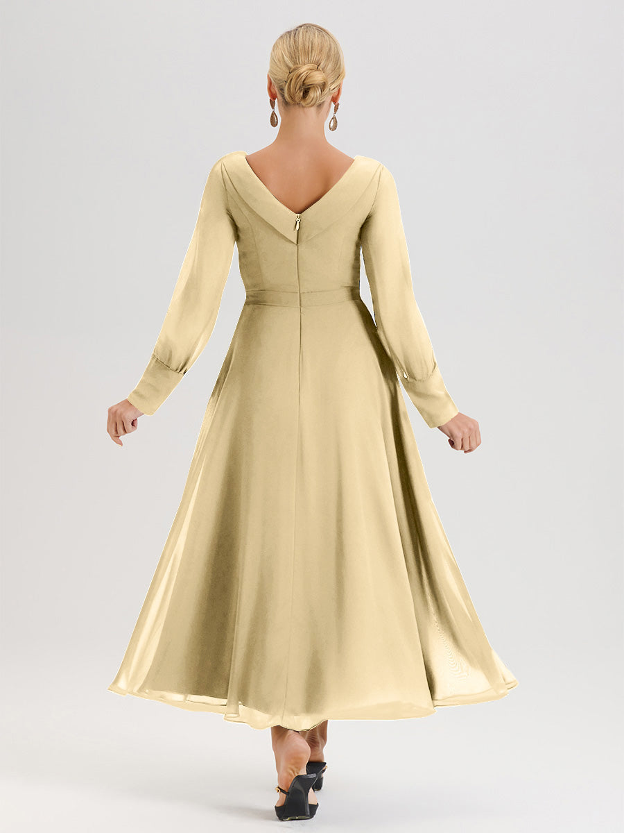 Cicinia Robe Longue Mère De La Mariée Champagne Décolleté En V Manches Longues Trapèze En Mousseline