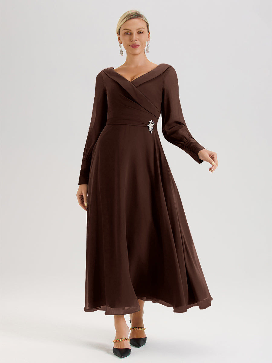 Cicinia Robe Longue Mère De La Mariée En Chocolat Décolleté En V Manches Longues Trapèze En Mousseline