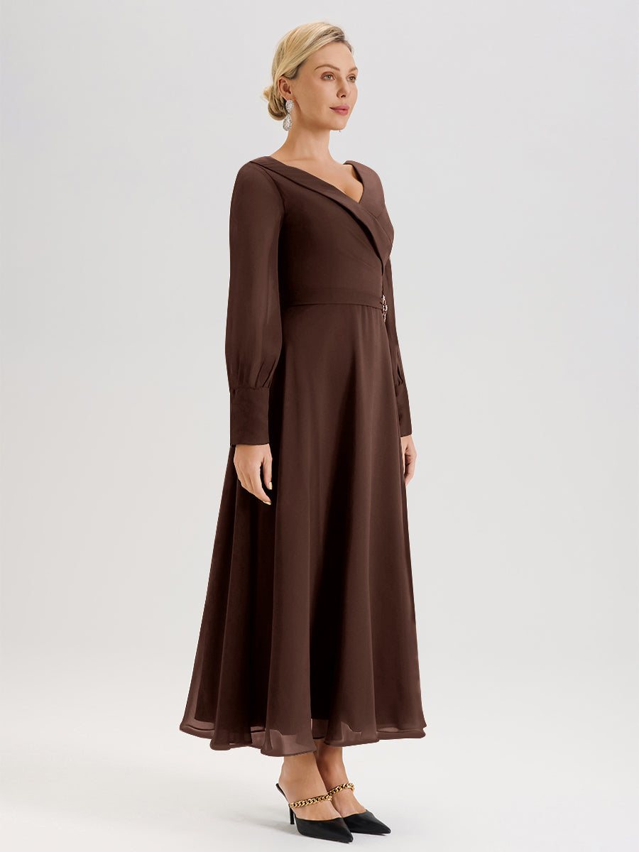 Cicinia Robe Longue Mère De La Mariée En Chocolat Décolleté En V Manches Longues Trapèze En Mousseline