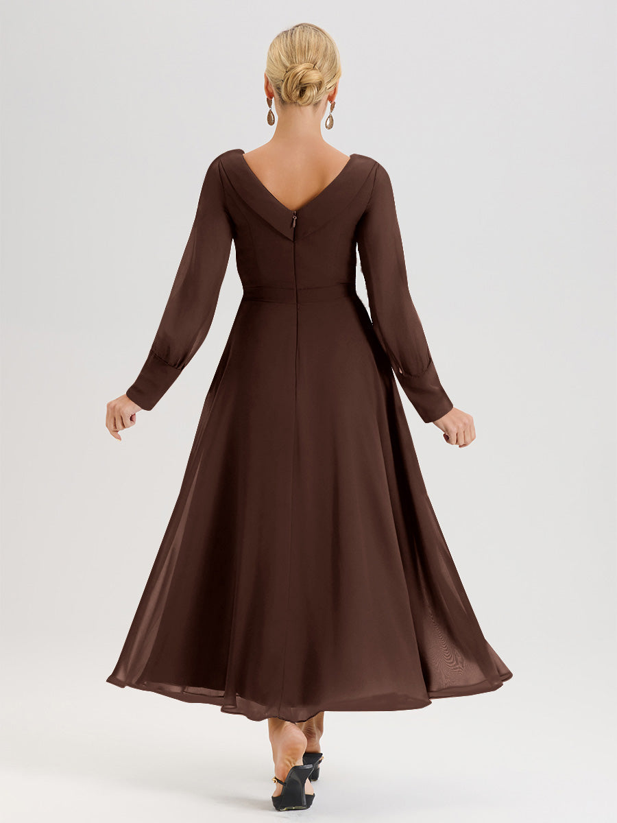 Cicinia Robe Longue Mère De La Mariée En Chocolat Décolleté En V Manches Longues Trapèze En Mousseline