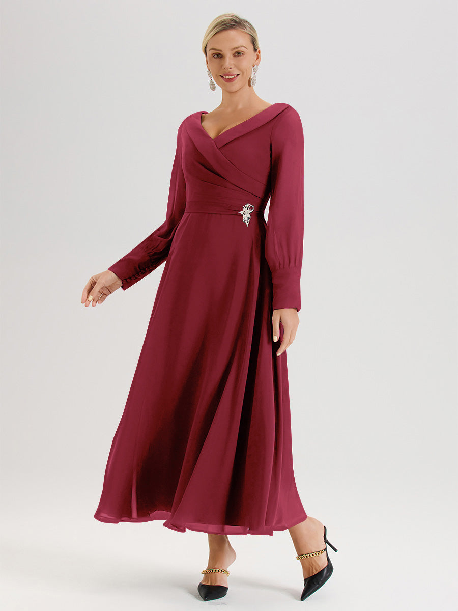 Cicinia Robe Longue Mère De La Mariée Rose Cannelle Décolleté En V Manches Longues Trapèze En Mousseline