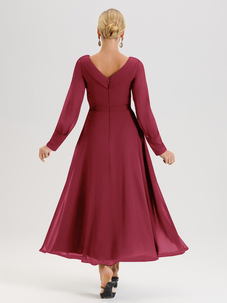 Cicinia Robe Longue Mère De La Mariée Rose Cannelle Décolleté En V Manches Longues Trapèze En Mousseline