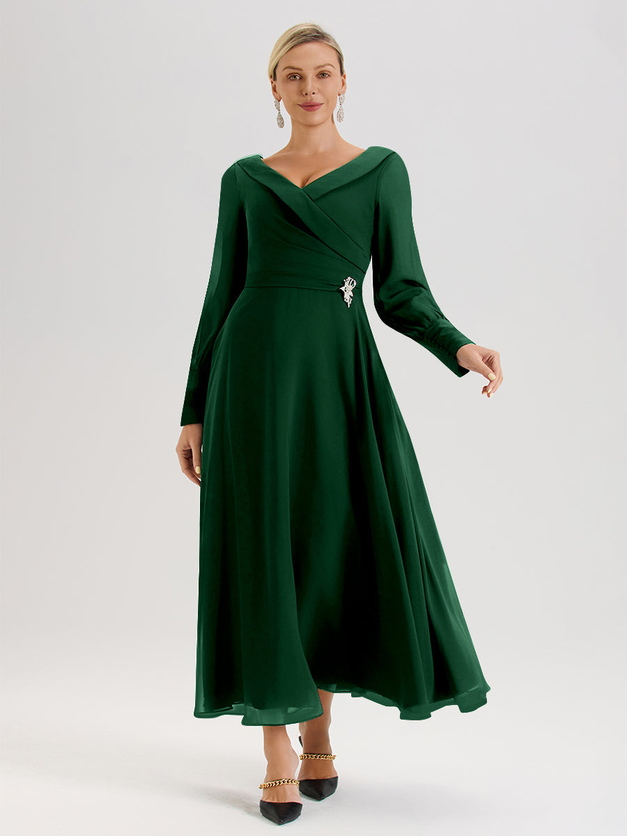 Cicinia Robe Longue Mère De La Mariée Vert Foncé Décolleté En V Manches Longues Trapèze En Mousseline