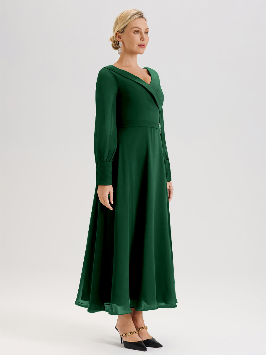 Cicinia Robe Longue Mère De La Mariée Vert Foncé Décolleté En V Manches Longues Trapèze En Mousseline