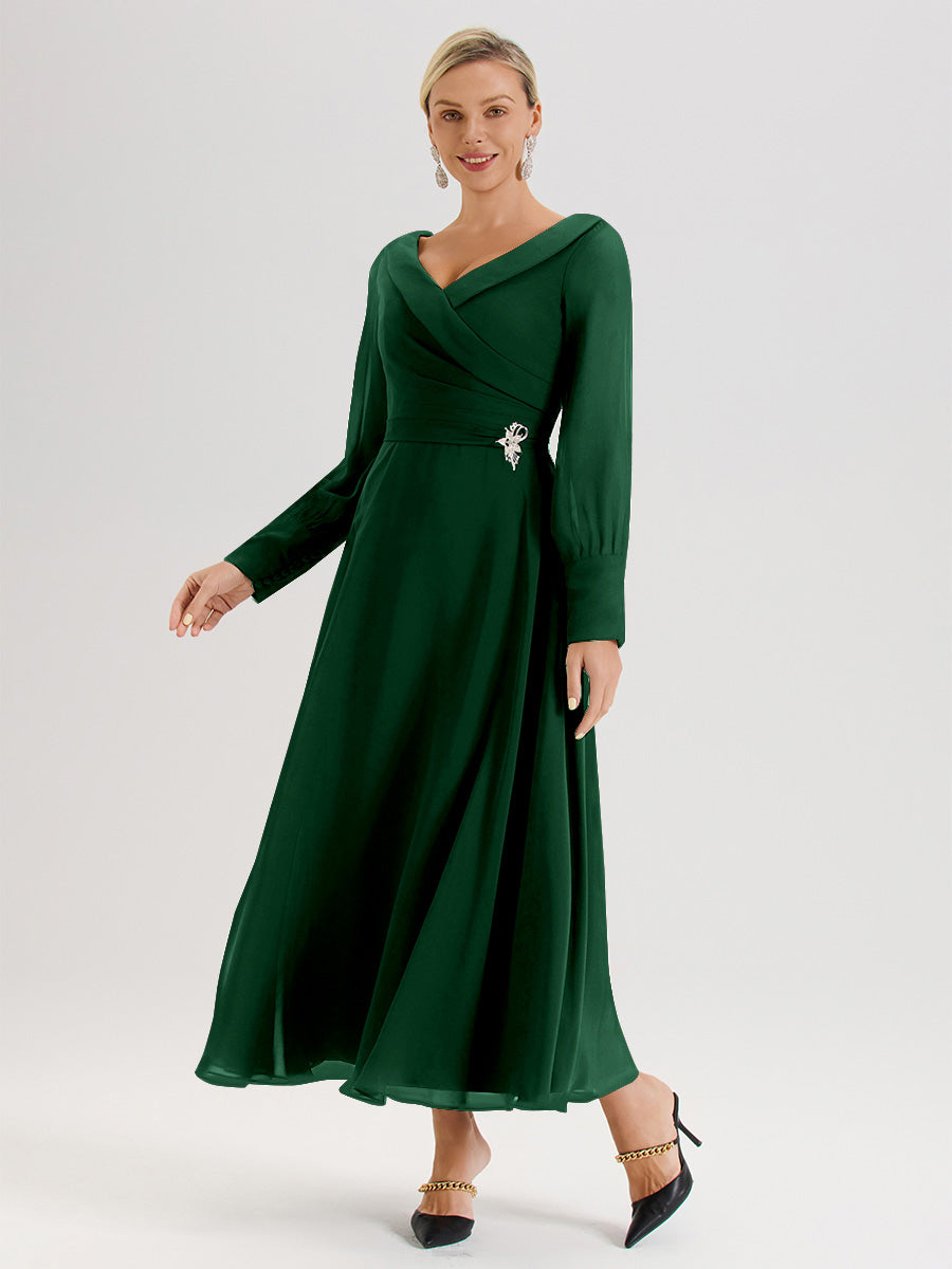Cicinia Robe Longue Mère De La Mariée Vert Foncé Décolleté En V Manches Longues Trapèze En Mousseline